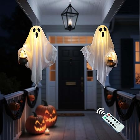 [Timer] 2 Pack Halloween Light Up Ghost Decorations, Battery Operated Flying Hanging Ghosts Glowing Led Lights Remote Control 8 Lighting Modes Floating Swinging Yard Garden Porch Outdoor Indoor Decor
