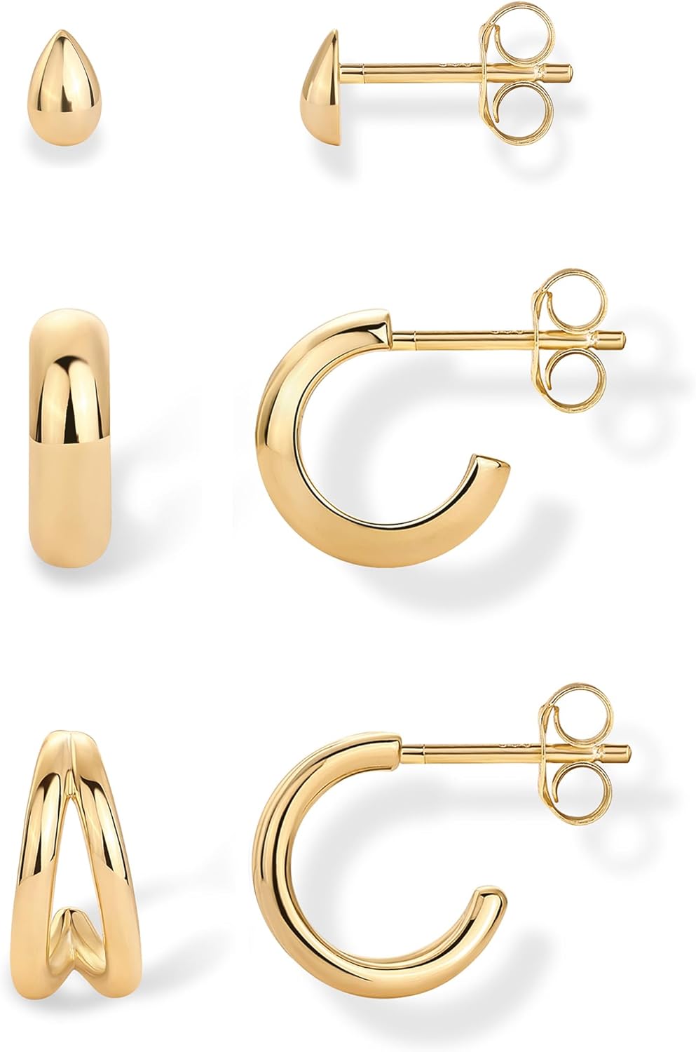 PAVOI 14K-18K Yellow Gold Plated 925 Sterling Silver Posts Three Pairs Small Hoop Earrings for Women - Statement Gold Hoop Earrings Set - Cubic Zirconia Rope Teardrop Chunky Huggie Earscape Piercings