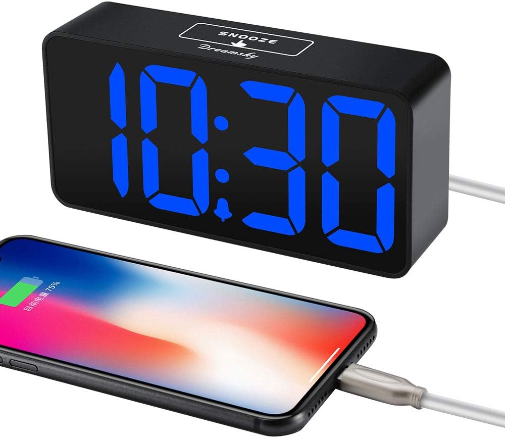 DreamSky Small Digital Alarm Clock for Bederoom, Large Big Numbers Display with Dimmer for Living Room, Electric Bedside Desk Clock with USB Charging Port, Adjustable Volume, USB-C Adapter Powered
