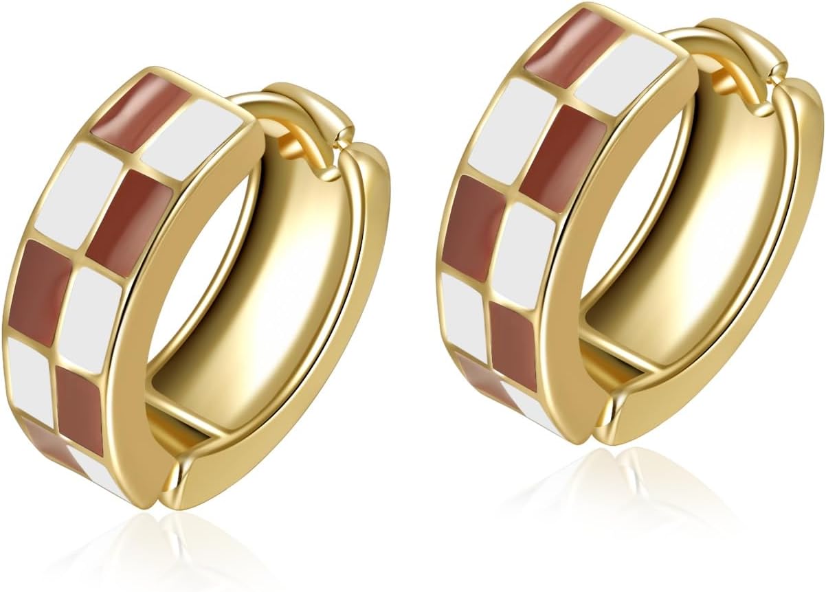 Chic Checker Small Hoop Cartilage Earrings Teacher Earrings for Women；White Black Enamel Hypoallergenic Hooped Gifts Gold and Silver tone