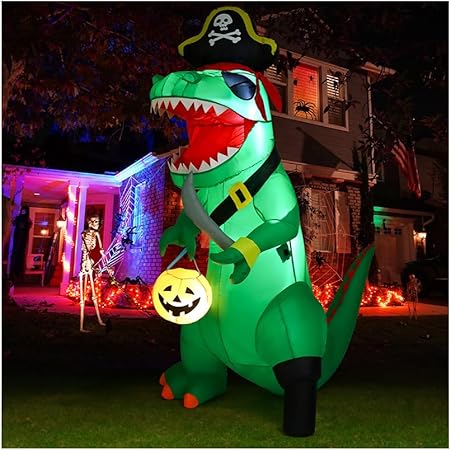 GOOSH 7 FT Halloween Inflatables Dinosaur Outdoor Decorations Blow Up Yard Pirate Dinosaur with Pumpkin Decoration with Built-in LEDs for Indoor Party Garden Lawn Decor