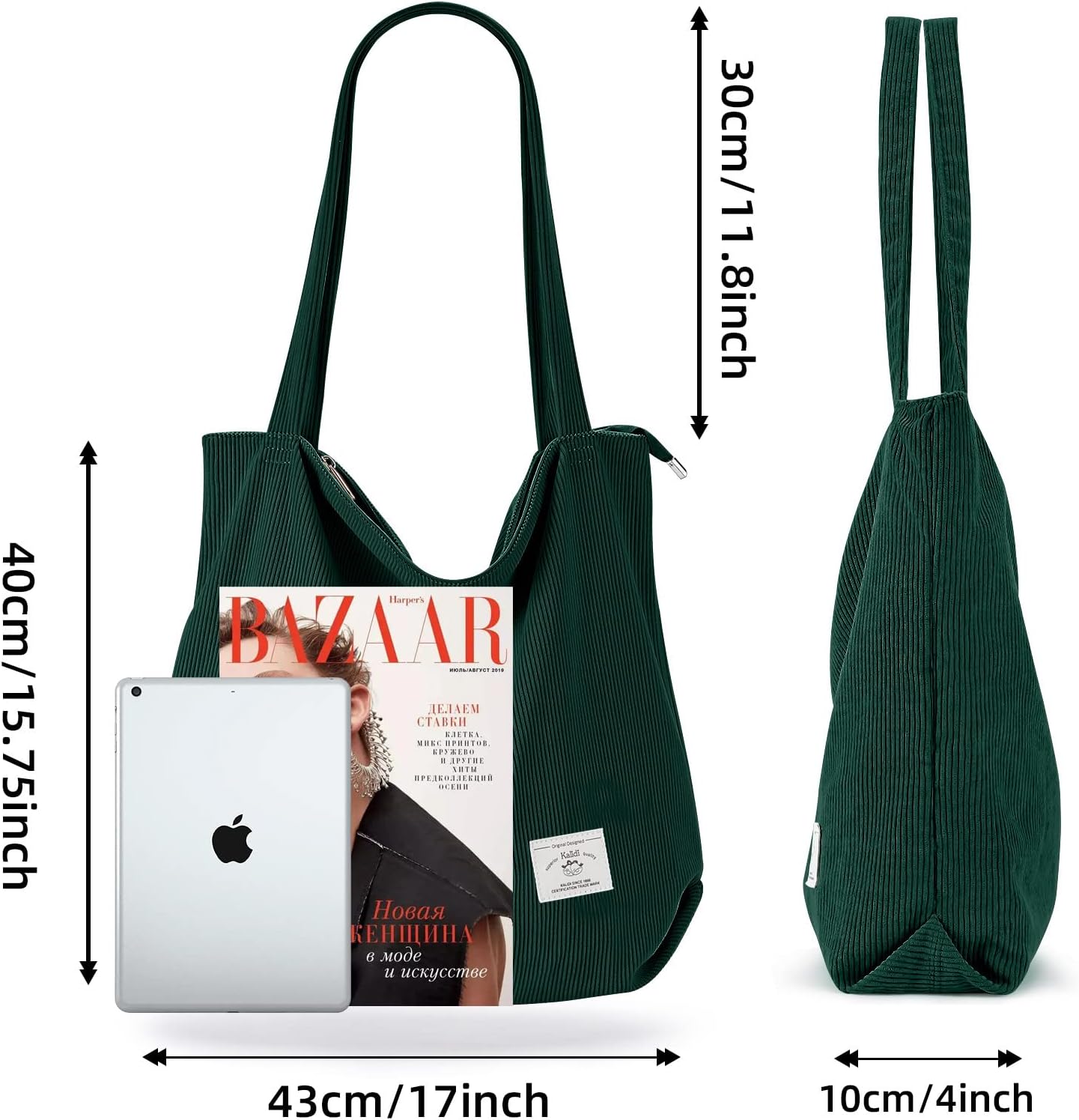 KALIDI Women Corduroy Tote Bag Zipper Casual Tote's Handbag Big Capacity Shoulder Bag with Pockets