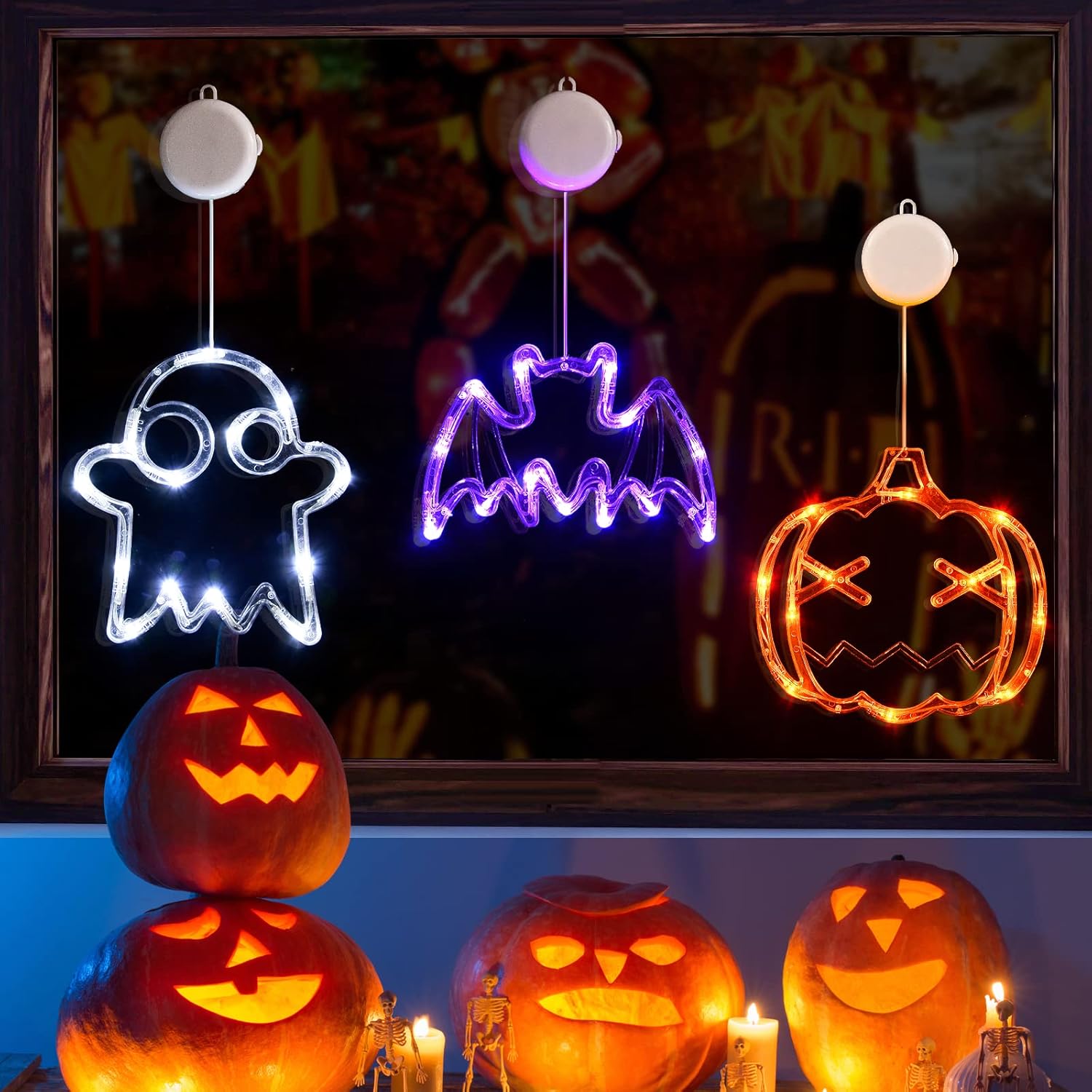 LOLStar Halloween Lights Decorations 2025 3-Pack Orange Pumpkin White Ghost Purple Bat Window Lights with Suction Cups, Battery Operated Halloween LED Lights Window Decor Slow Fade Mode and Timer