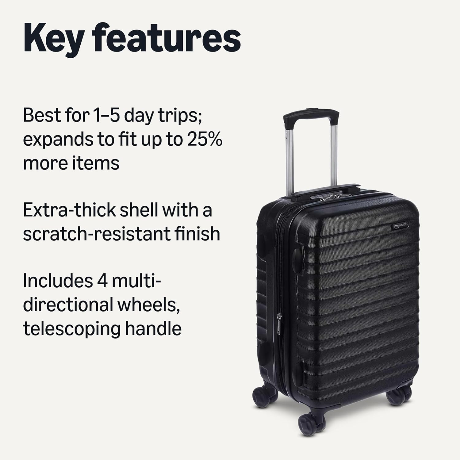 Basics 21" Hardside Carry-On Luggage, Hardshell Suitcase With Wheels, Expandable For Up to 25% More Space, With Scratch-Resistant Surface, Four Multi-directional Wheels, Black
