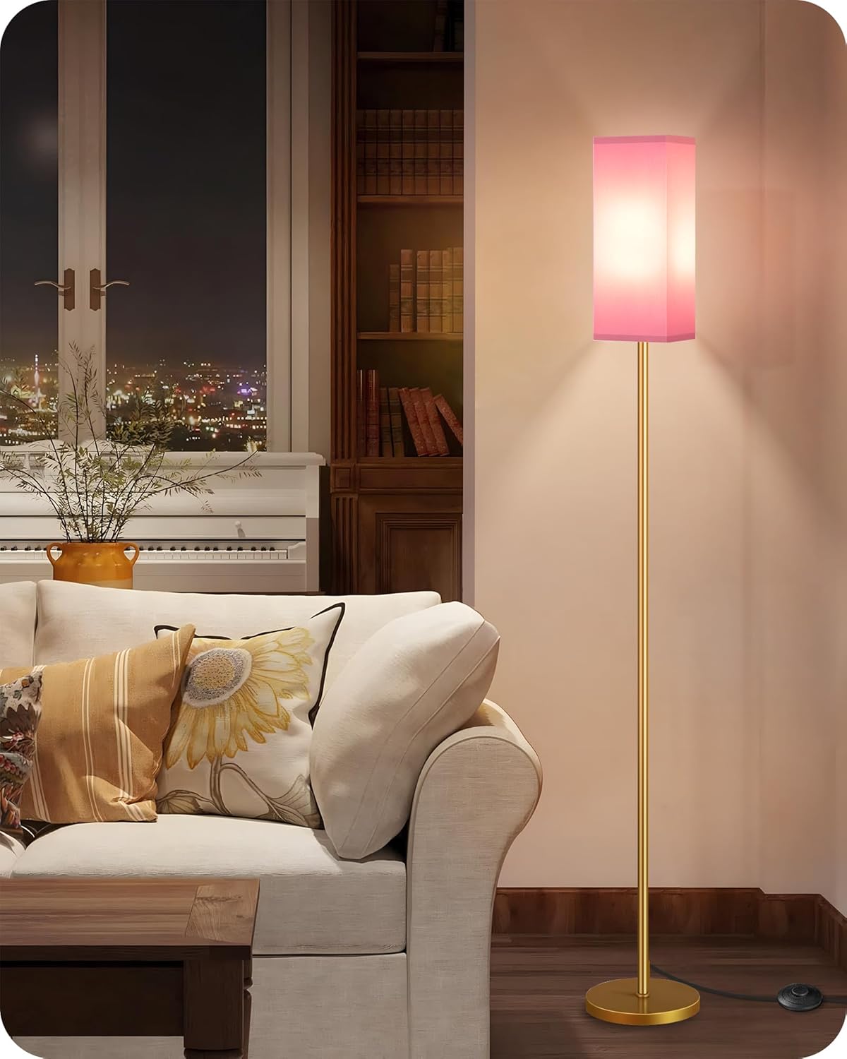 64.6" Floor Lamp, Pole with Foot Switch, Modern Standing Lamp Lampshade, Minimalist Freestanding Lamp (Bulb Not Included), for Living Room, Bedroom Office ETL Listed, Black and Beige E07LD05