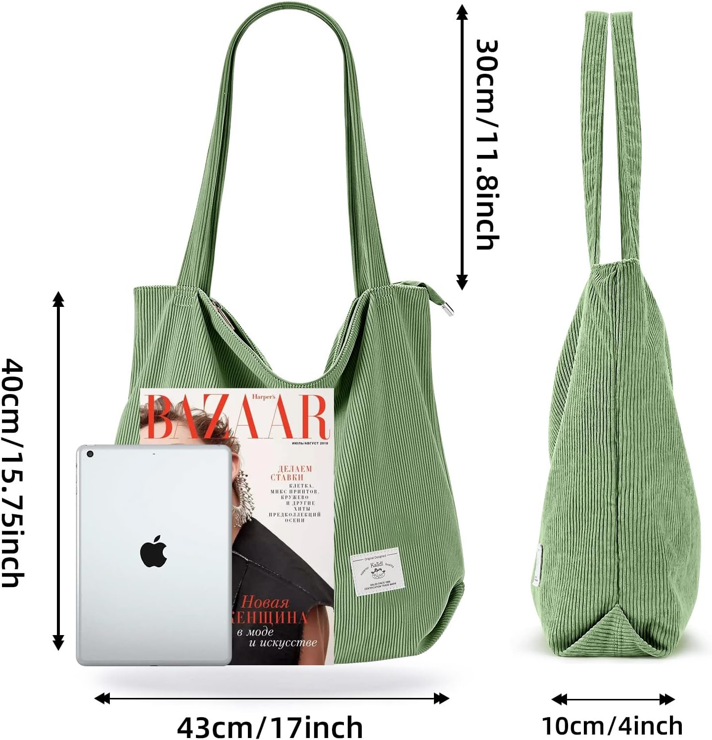 KALIDI Women Corduroy Tote Bag Zipper Casual Tote's Handbag Big Capacity Shoulder Bag with Pockets