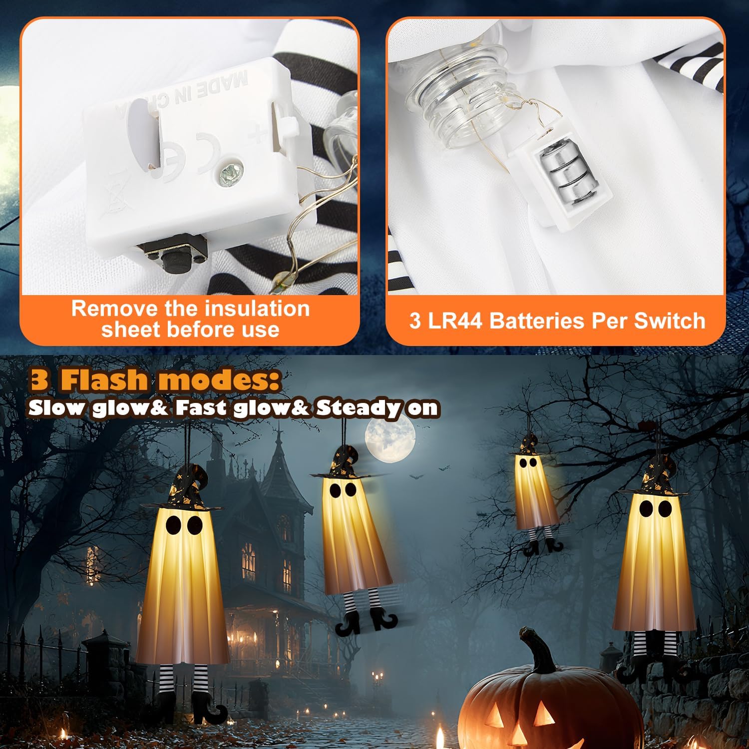 Halloween Decorations Outdoor Indoor, 4pcs Hanging Ghost Decor with Light, Spooky Swinging Witch Hat Ghosts for Halloween Decor, Perfect for Yard, Patio, Garden, Tree (Includes 24 Batteries)