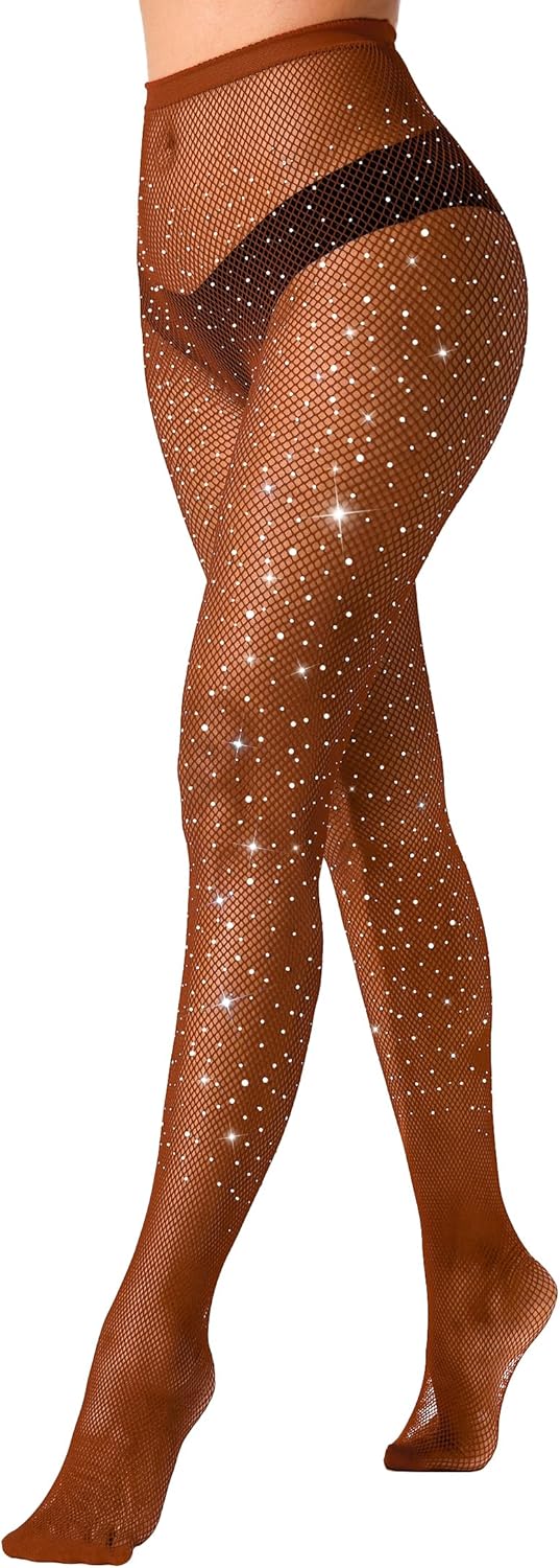 VEBZIN Sexy Sparkly Fishnets Stockings Jeweled High Waist Fishnet Tights for Women Rhinestone Party Pantyhose