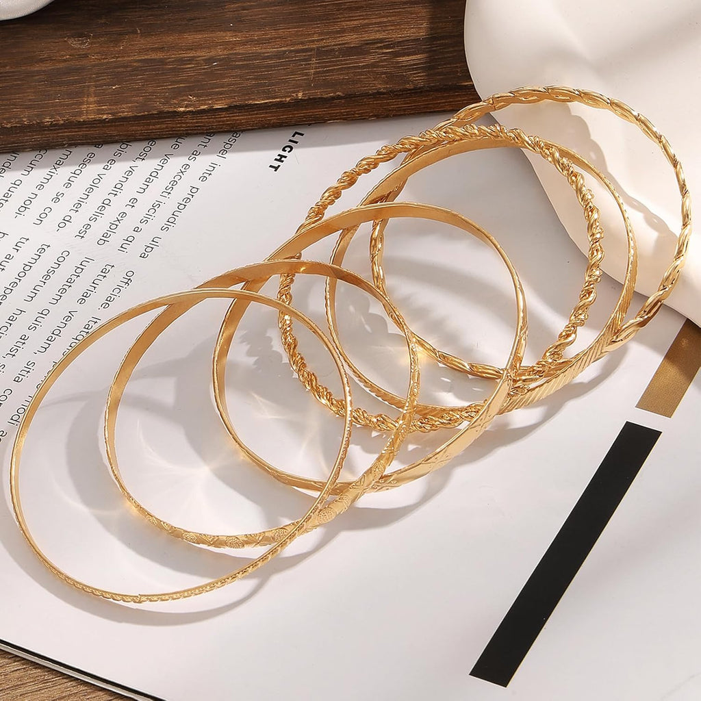 IFKM Gold Bangle Bracelets For Women, 14k Gold Plated Multi Layer Stackable Cuff Bracelet Set, Trendy Elegance Charms Non Tarnish Minimalist Textured Boho Jewelry Gift for Women