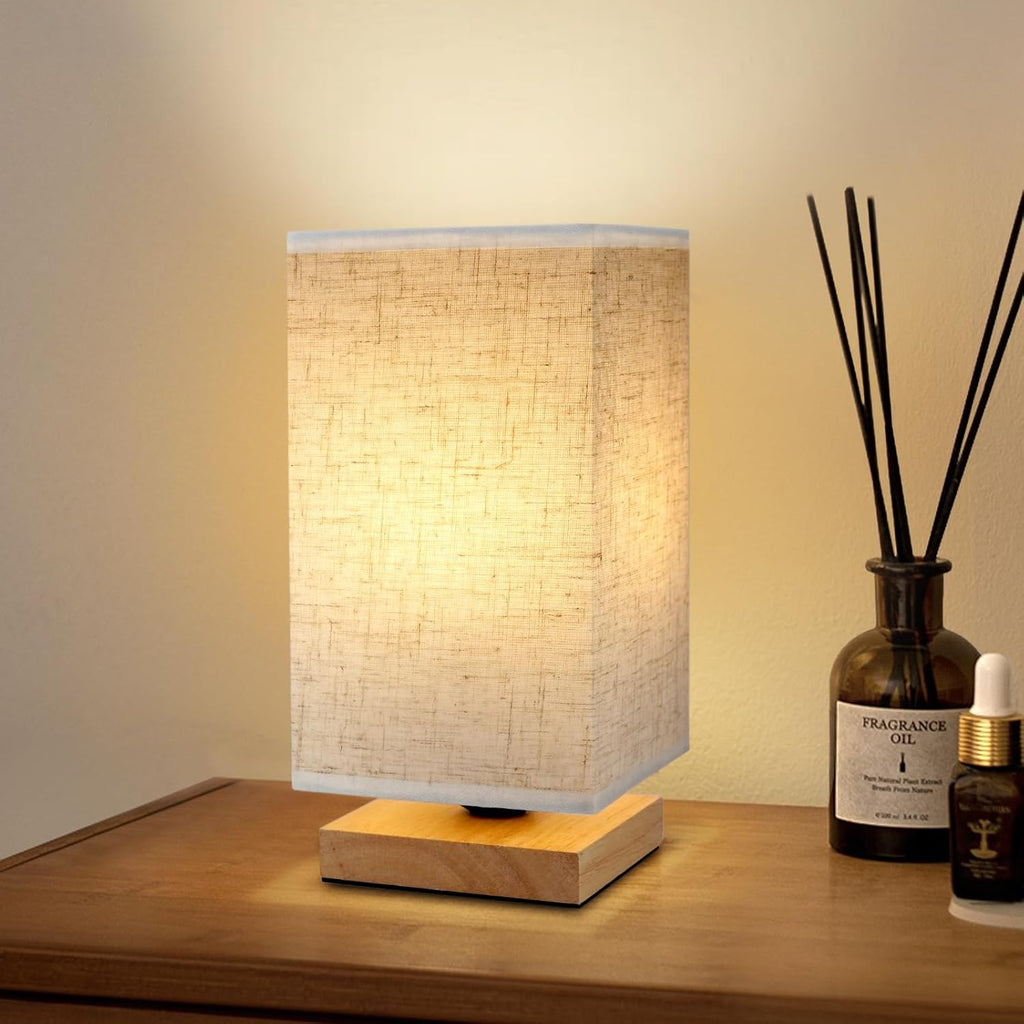 Small Bedside Table Lamp for Bedroom, Minimalist Wood Base & Round Fabric Shade, Mini Cute Cozy Warm White Nightstand Boho Lamp, Study Desk Night Stand Light for Room, Dorm, Nursery, Living Room