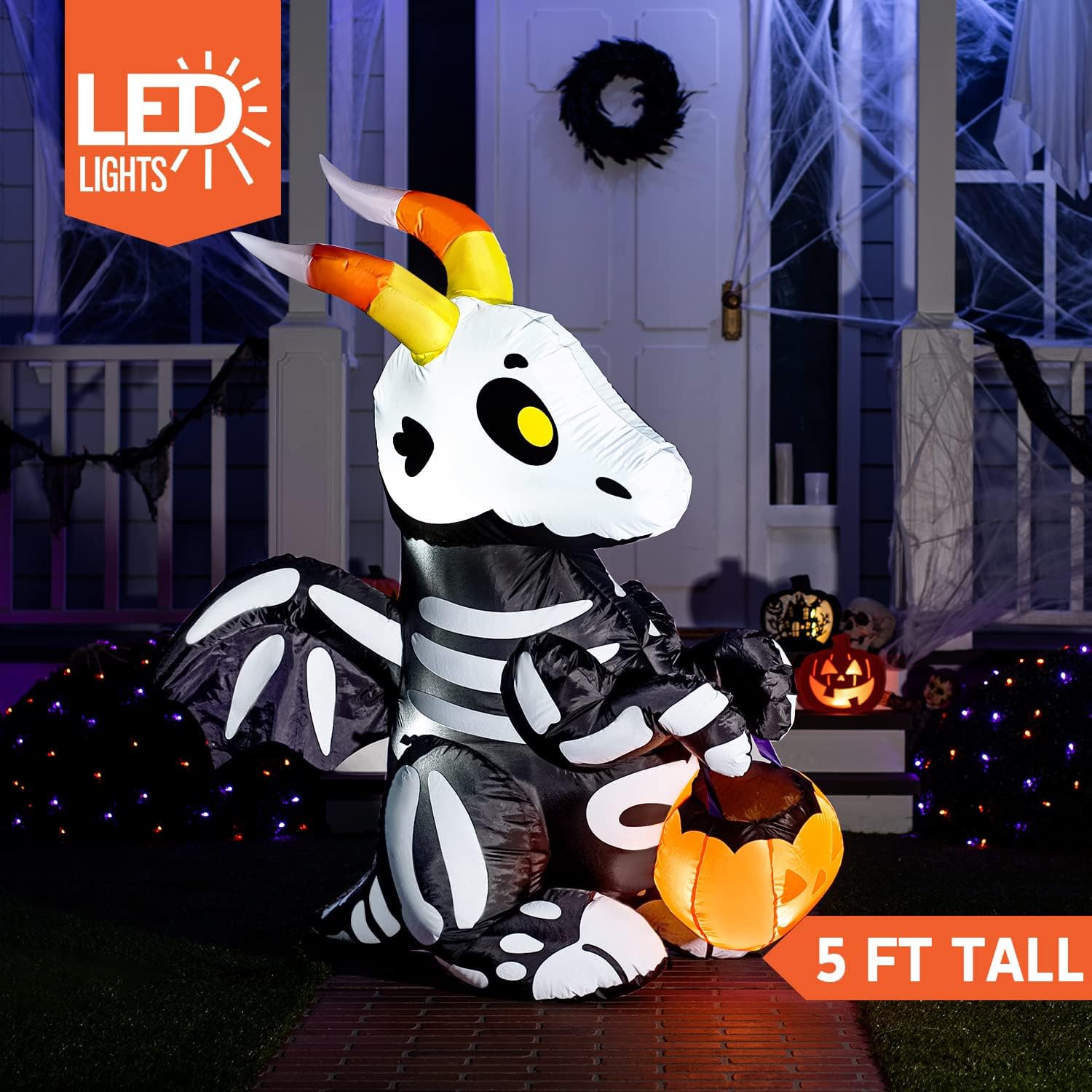 Joiedomi 5 FT Halloween Inflatables Skeleton Decor Outdoor, Blow Up Decorations Sitting Skeleton Unicorn with LEDs for Halloween Decorations Outside, Yard Decor