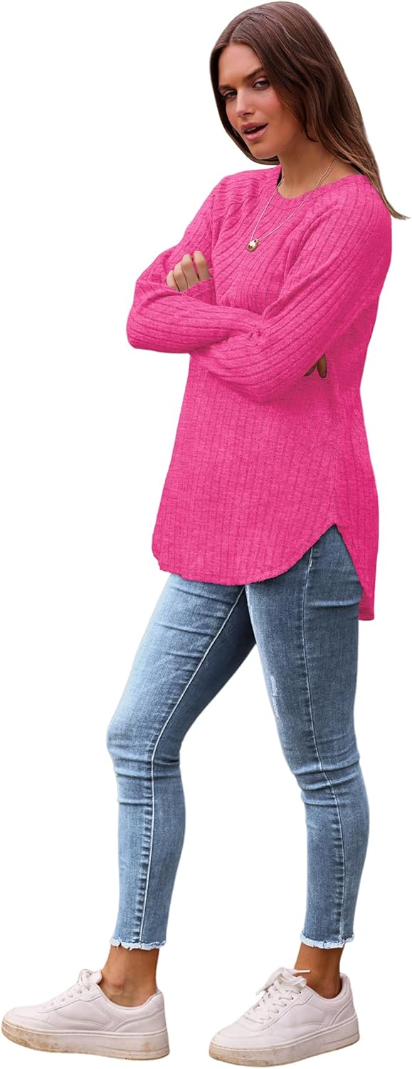 Saloogoe Long Sleeve Shirts for Women 2025 Fall Clothes Tunic Tops Loose Fit Dressy Crewneck Pullover Sweaters Curved Hem