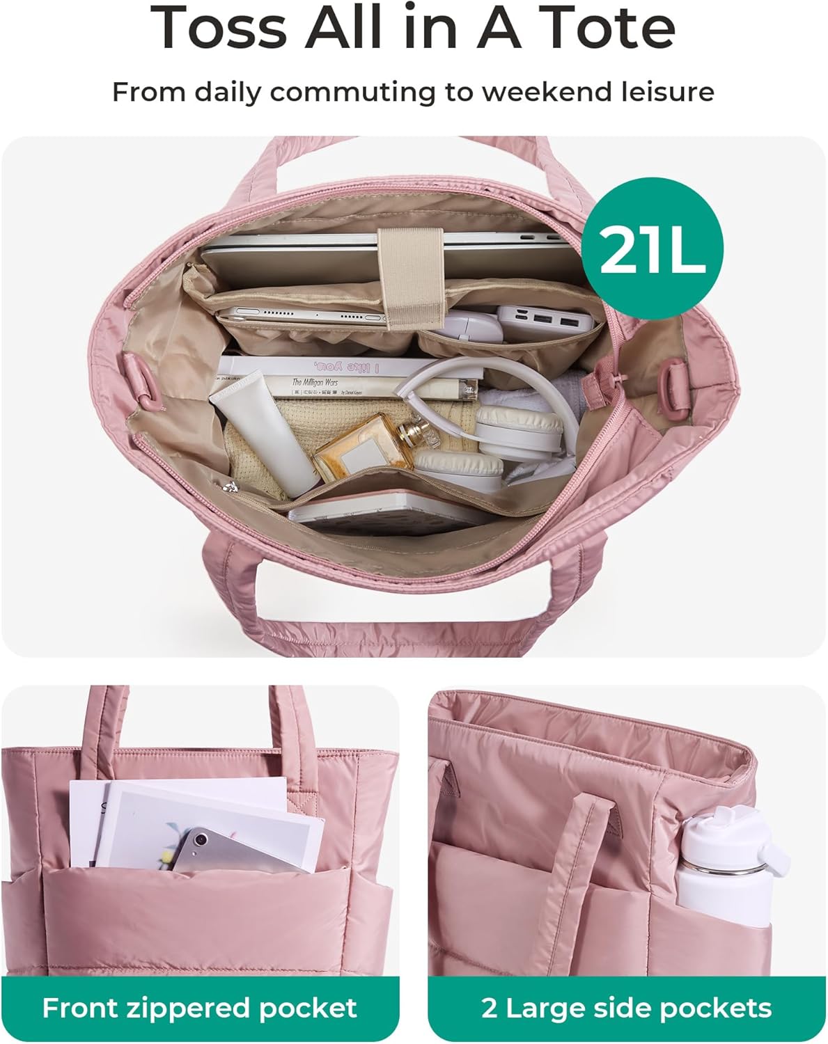 BAGSMART Tote Bag for Women, Lightweight Puffy Tote Bag with Compartments Shoulder Bag Handbag for Travel, Work, Gym