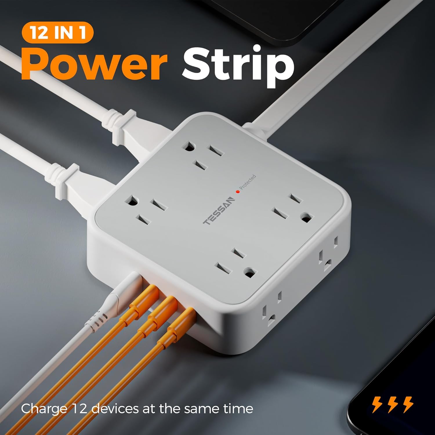 TESSAN Surge Protector Power Strip, 5 Ft Flat Plug Extension Cord with 3 USB (1 USB C) 8 Outlets, 900J Surge Protection, 3 Sided Outlet Extender with Power Switch for Office, Dorm Room Essentials