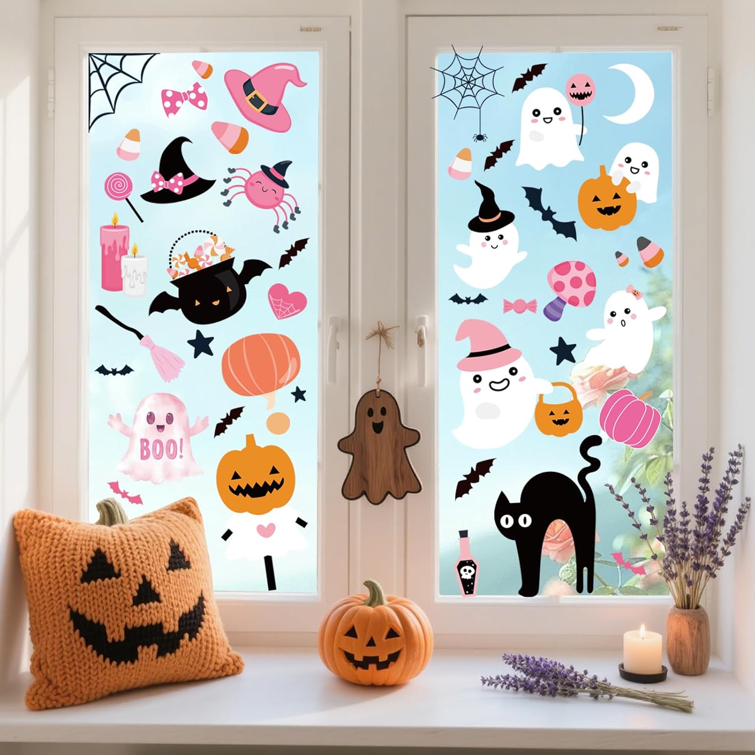 Pink Halloween Window Clings Decor, Cute Window Stickers Decoration, Ghost Bat Pumpkin Decals for Home Classroom Kids Rooms, 9 Sheets