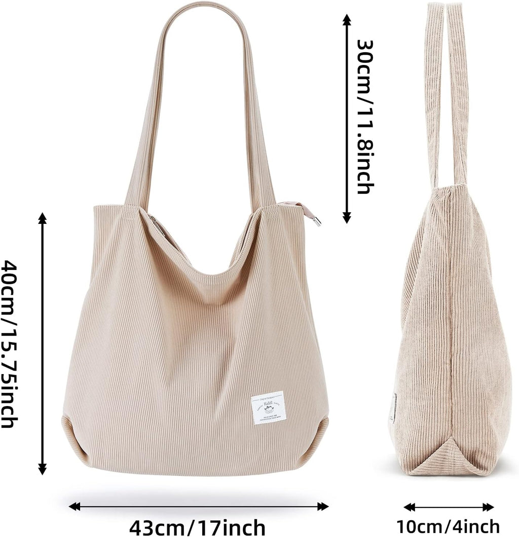 KALIDI Women Corduroy Tote Bag Zipper Casual Tote's Handbag Big Capacity Shoulder Bag with Pockets