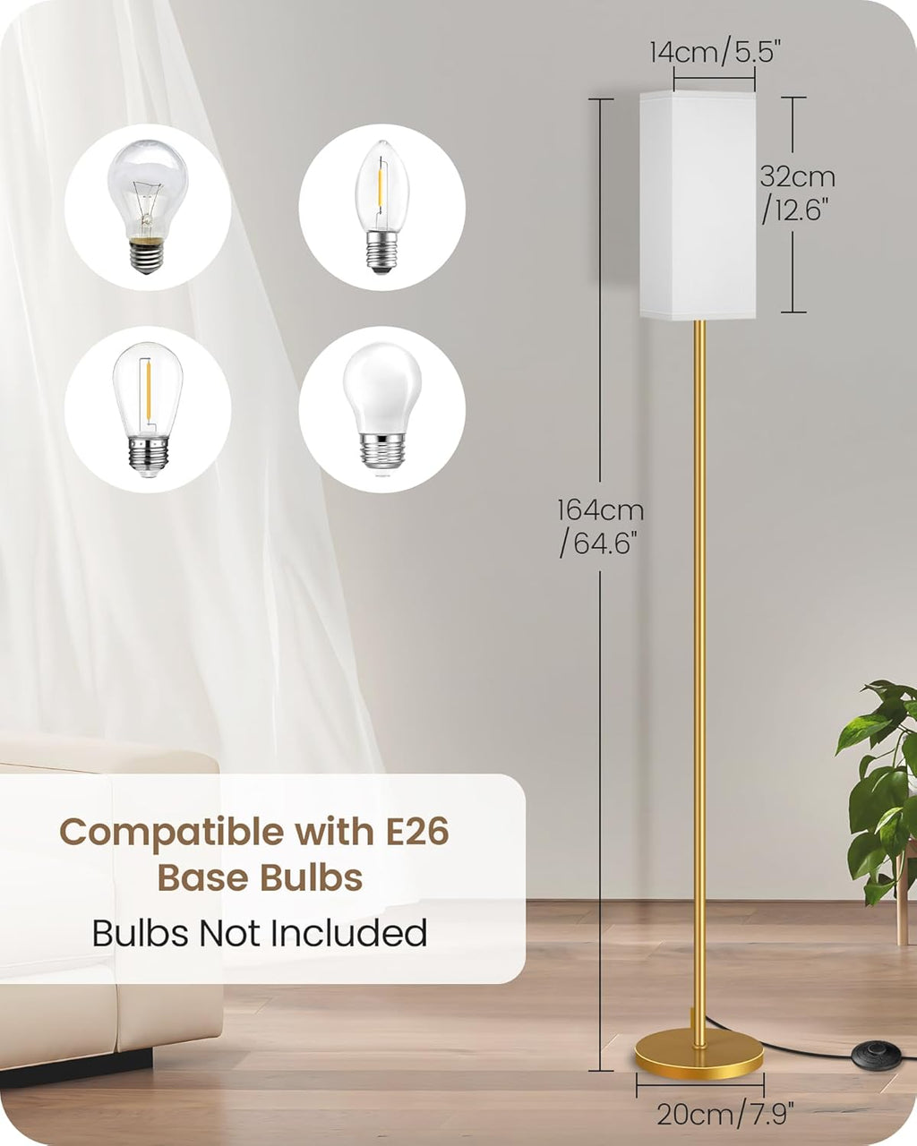 64.6" Floor Lamp, Pole with Foot Switch, Modern Standing Lamp Lampshade, Minimalist Freestanding Lamp (Bulb Not Included), for Living Room, Bedroom Office ETL Listed, Black and Beige E07LD05