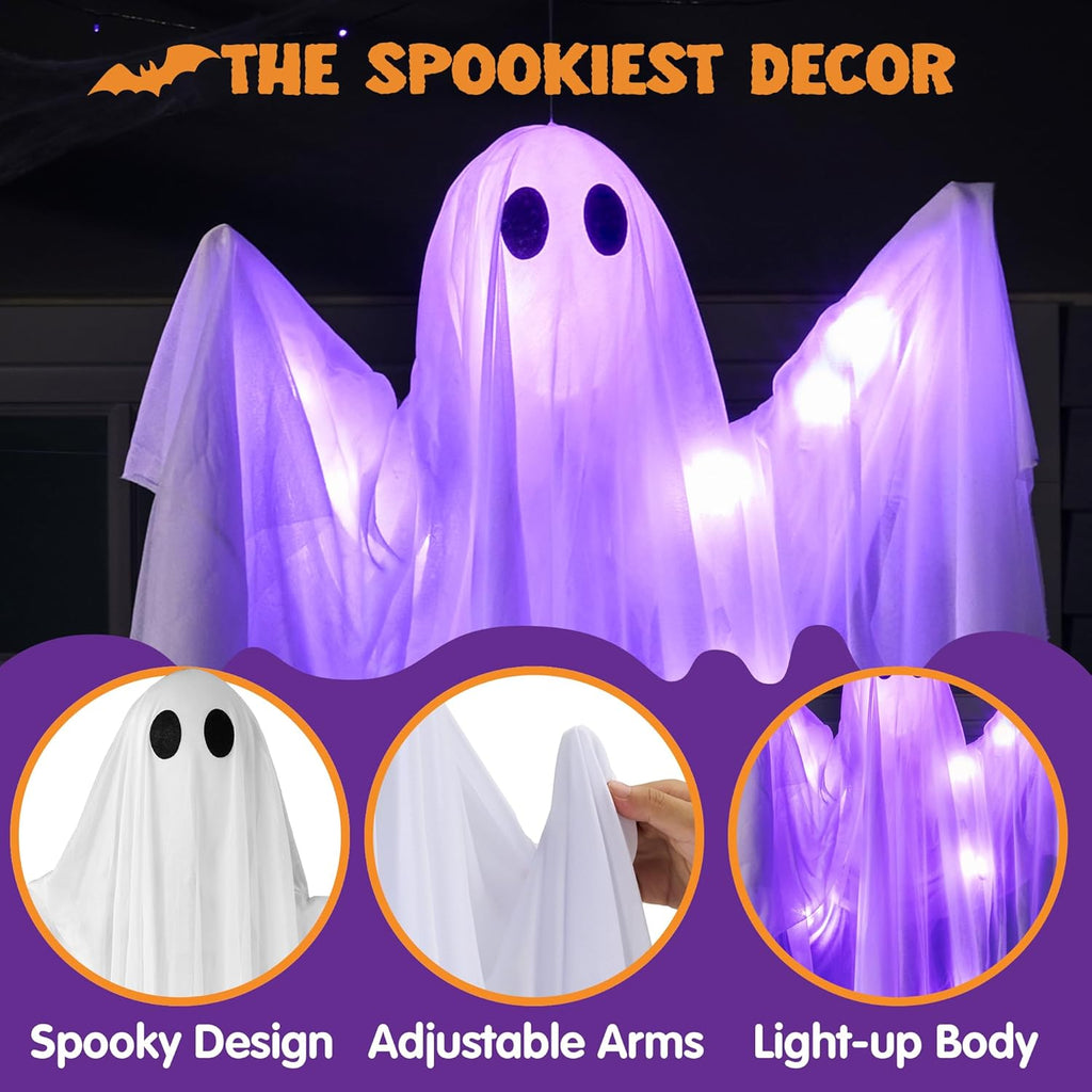 JOYIN Halloween Hanging Light up Ghost with Spooky Blue LED Light, 47” White Ghosts Halloween Hanging Decoration for Front Yard Patio Lawn Garden Party Decor Indoor Outdoor