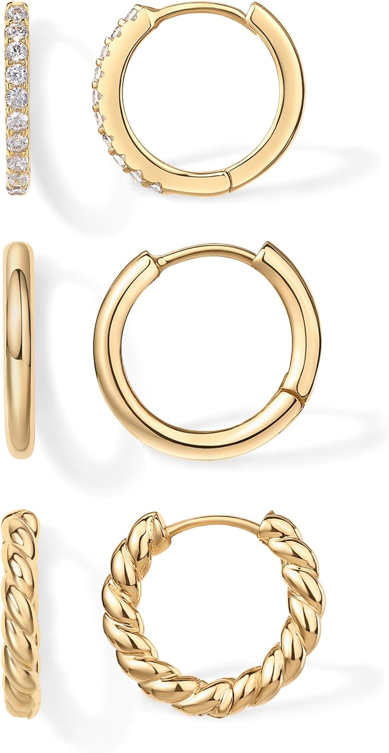 PAVOI 14K-18K Yellow Gold Plated 925 Sterling Silver Posts Three Pairs Small Hoop Earrings for Women - Statement Gold Hoop Earrings Set - Cubic Zirconia Rope Teardrop Chunky Huggie Earscape Piercings