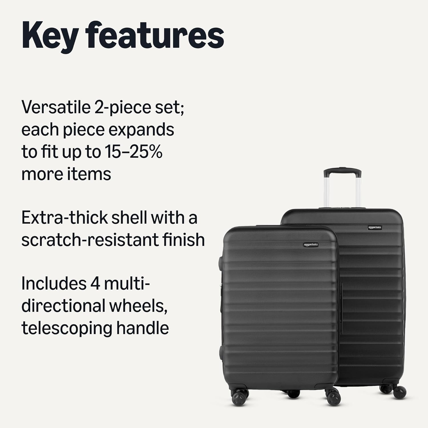 Basics 21" Hardside Carry-On Luggage, Hardshell Suitcase With Wheels, Expandable For Up to 25% More Space, With Scratch-Resistant Surface, Four Multi-directional Wheels, Black