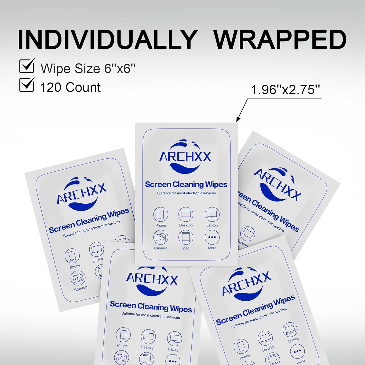 Screen Wipes for Electronics, 120 Count 6"x6" Pre-Moistened Screen Cleaner for Screens, Computer,Laptop,Tablet,Phone,Monitor,Car Screen Cleaner, Lens Wipes Individually Wrapped