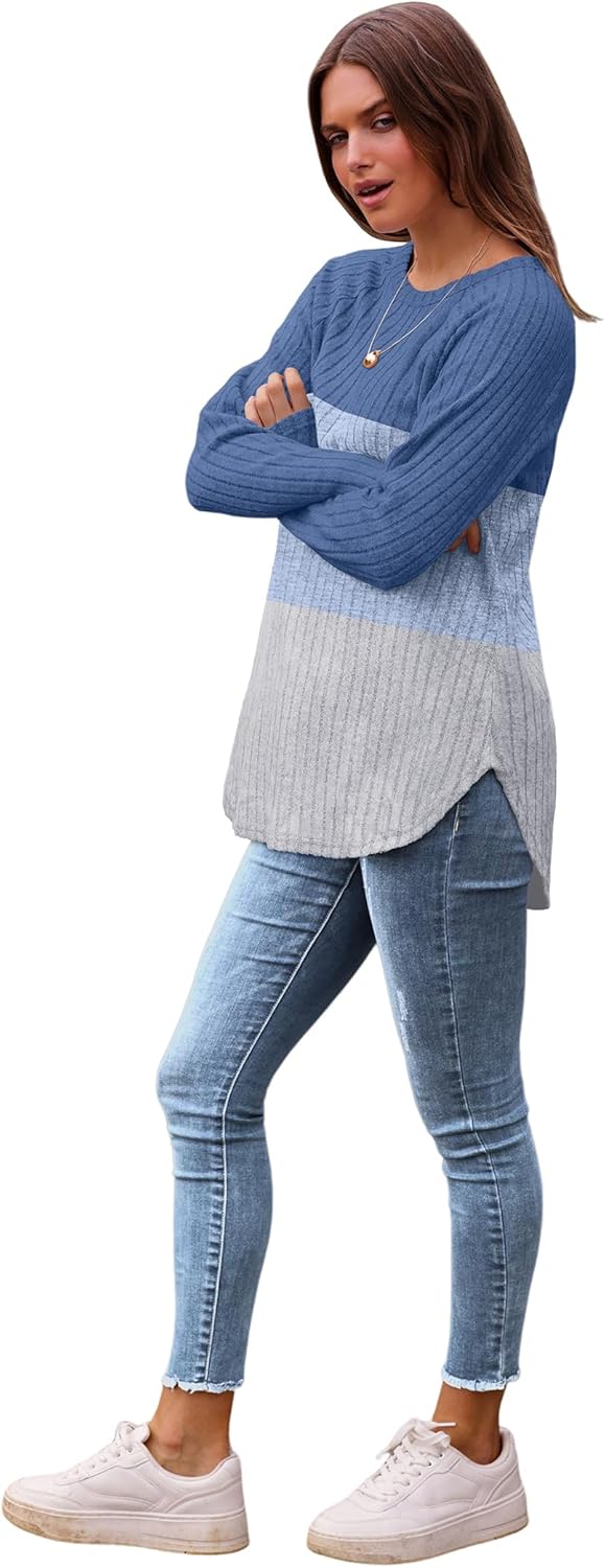 Saloogoe Long Sleeve Shirts for Women 2025 Fall Clothes Tunic Tops Loose Fit Dressy Crewneck Pullover Sweaters Curved Hem