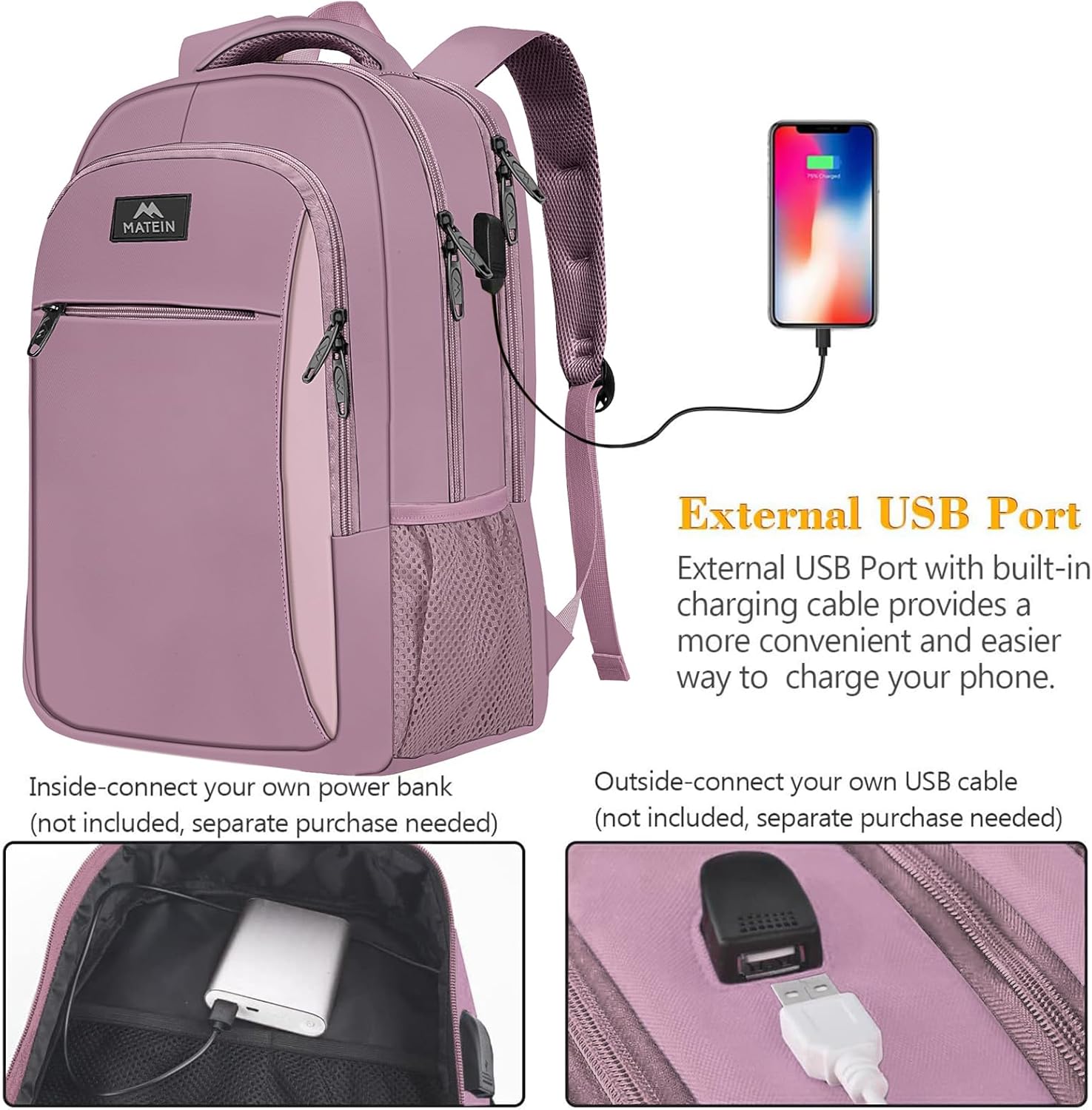 MATEIN Travel Laptop Backpack, Business Anti Theft Slim Sturdy Laptops Backpack with USB Charging Port, Water Resistant College School Computer Bag Gift for Men & Women Fits 15.6 Inch Notebook, Grey