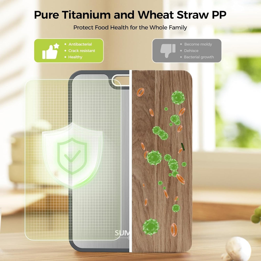 Titanium Cutting Board for Kitchen, Cutting Board Double Sided, Pure Titanium and Wheat Straw PP, Food Grade, Easy to Clean Large Size 16”×11”