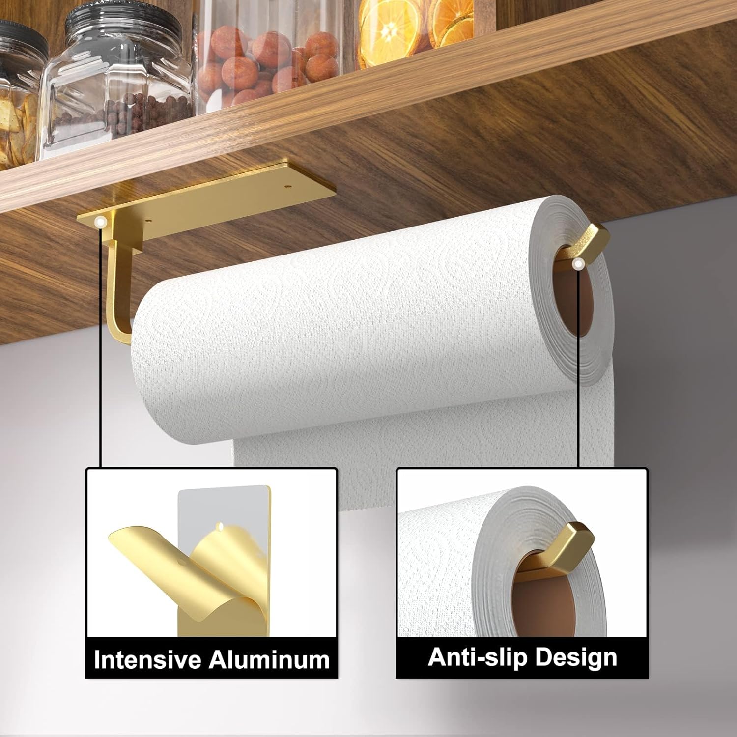 Paper Towel Holder - Self-Adhesive or Drilling, Matte Black, Upgraded Aluminum Kitchen Roll Dispenser Under Cabinet, Lighter but Stronger Than Stainless Steel!