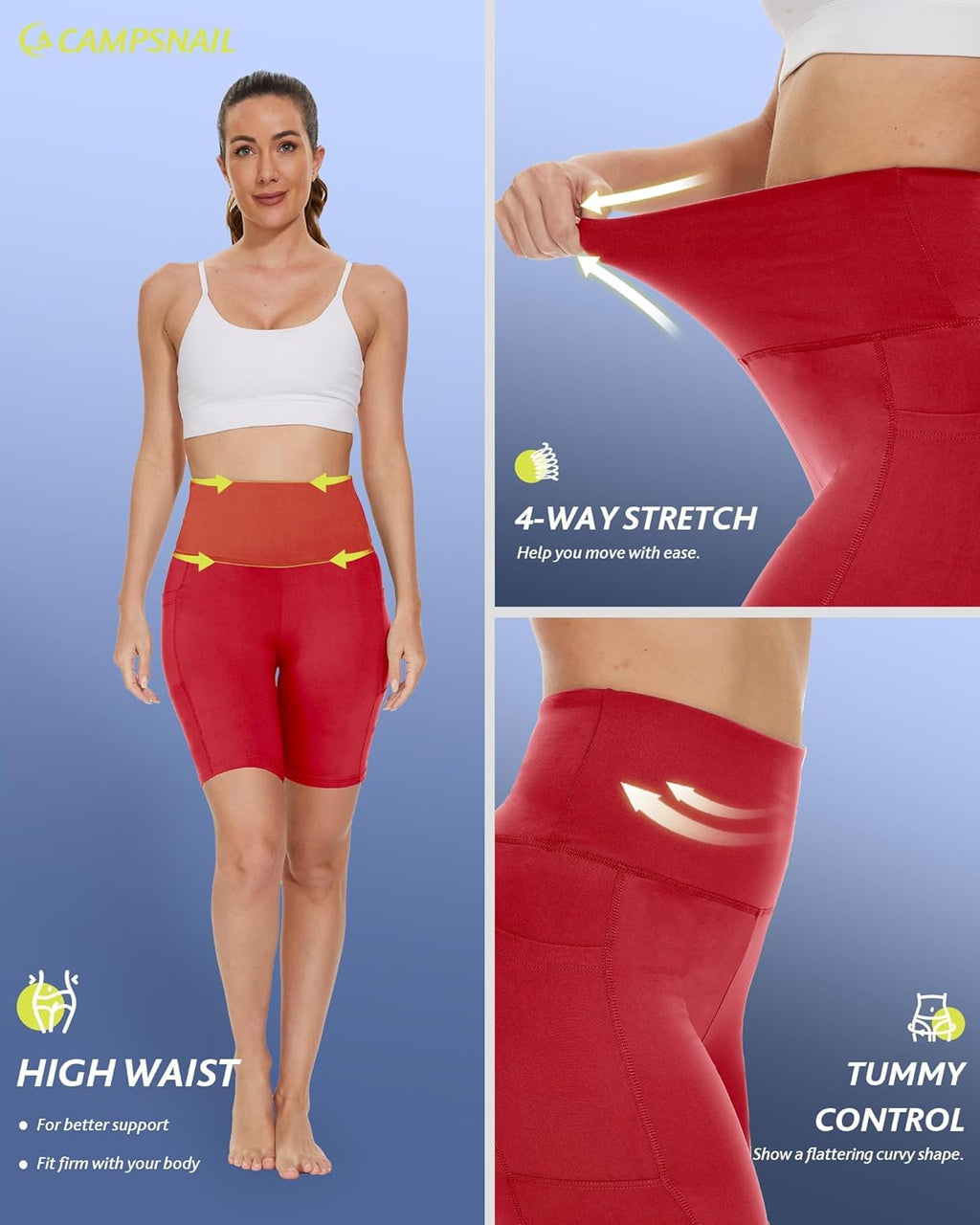 CAMPSNAIL Biker Shorts Women with Pockets - 3"/5"/8" High Waisted Workout Spandex Tummy Control Gym Running Yoga Shorts