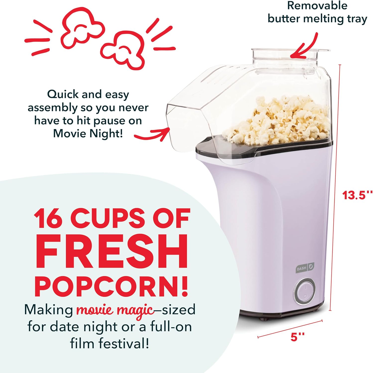 DASH Hot Air Popcorn Popper Maker with Measuring Cup to Portion Popping Corn Kernels + Melt Butter, 16 Cups - Aqua