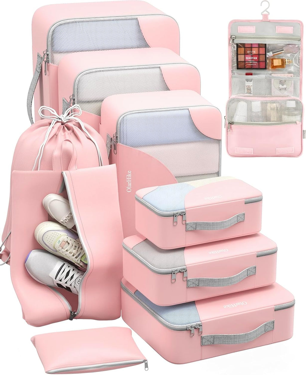 10 Set/8 Set Packing Cubes for Travel, Gifts for Women Mom,Anti-Tearing Suitcase Organizer for Luggage with Shoe & Hanging Toiletry Bag,OlarHike Vacation Essentials & Accessories for Cruise Ship,Cream