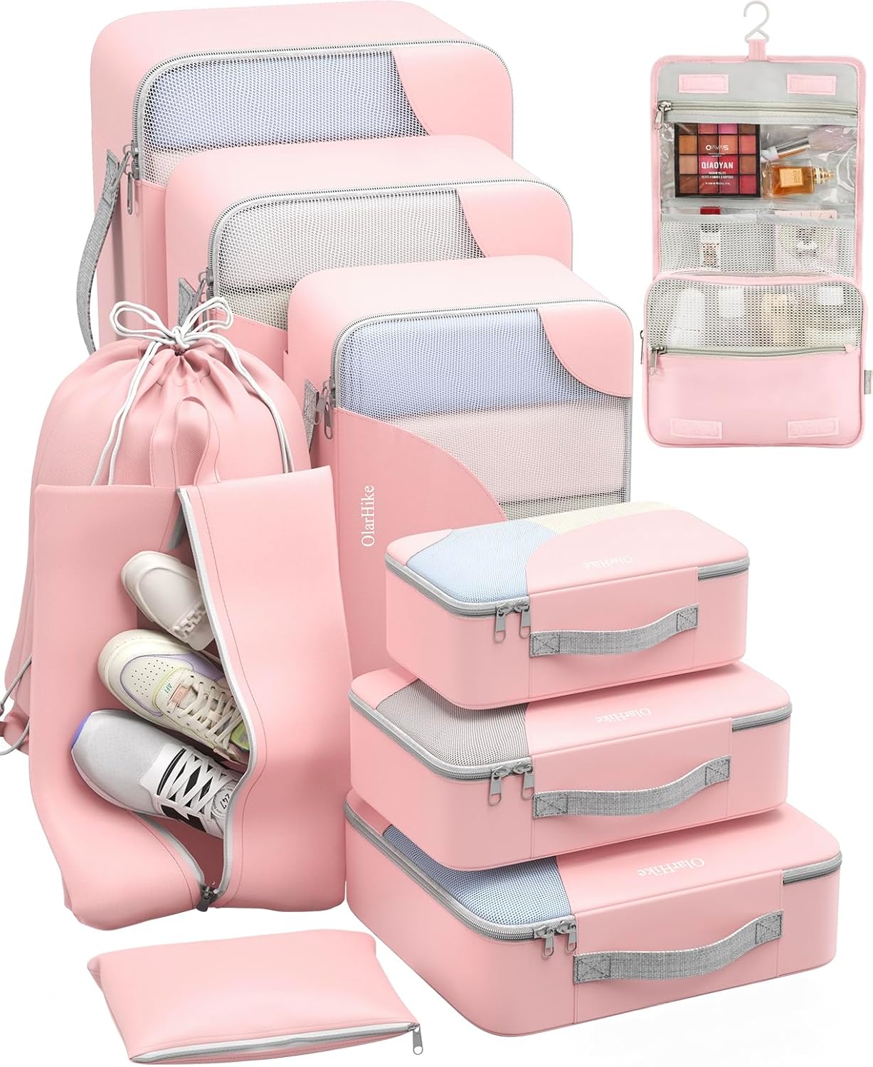 10 Set/8 Set Packing Cubes for Travel, Gifts for Women Mom,Anti-Tearing Suitcase Organizer for Luggage with Shoe & Hanging Toiletry Bag,OlarHike Vacation Essentials & Accessories for Cruise Ship,Cream