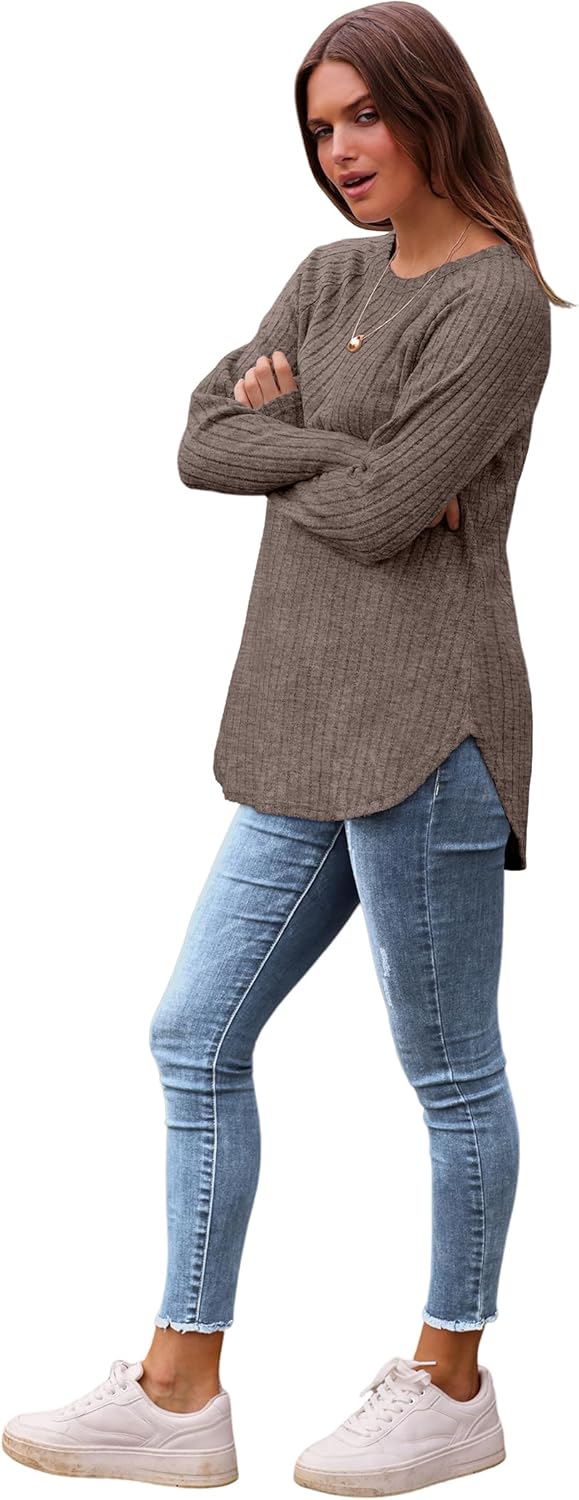 Saloogoe Long Sleeve Shirts for Women 2025 Fall Clothes Tunic Tops Loose Fit Dressy Crewneck Pullover Sweaters Curved Hem