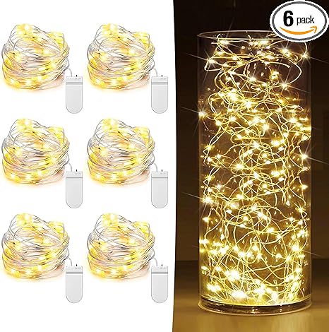 6 Pack Fairy Lights Battery Operated 7ft 20 LED Mini String Lights Twinkle Lights Silver Wire Firefly Starry Moon Lights for Mason Jars Wedding Party Christmas Centerpiece Table Decorations,Warm White