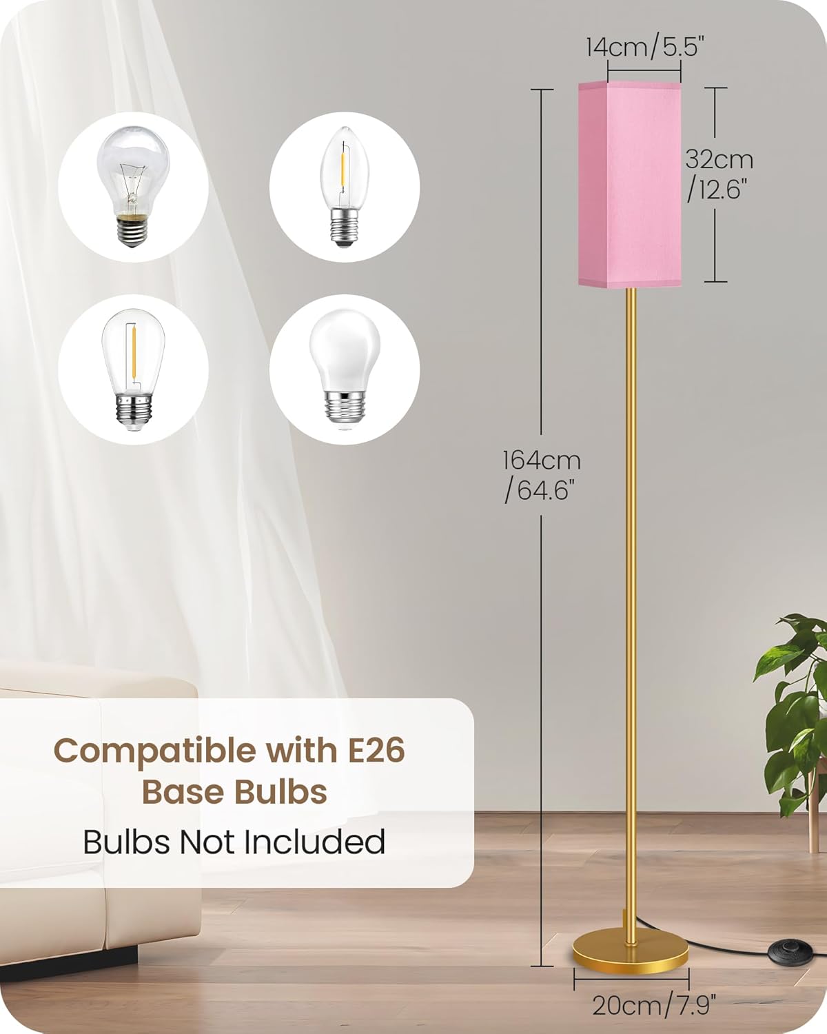 64.6" Floor Lamp, Pole with Foot Switch, Modern Standing Lamp Lampshade, Minimalist Freestanding Lamp (Bulb Not Included), for Living Room, Bedroom Office ETL Listed, Black and Beige E07LD05