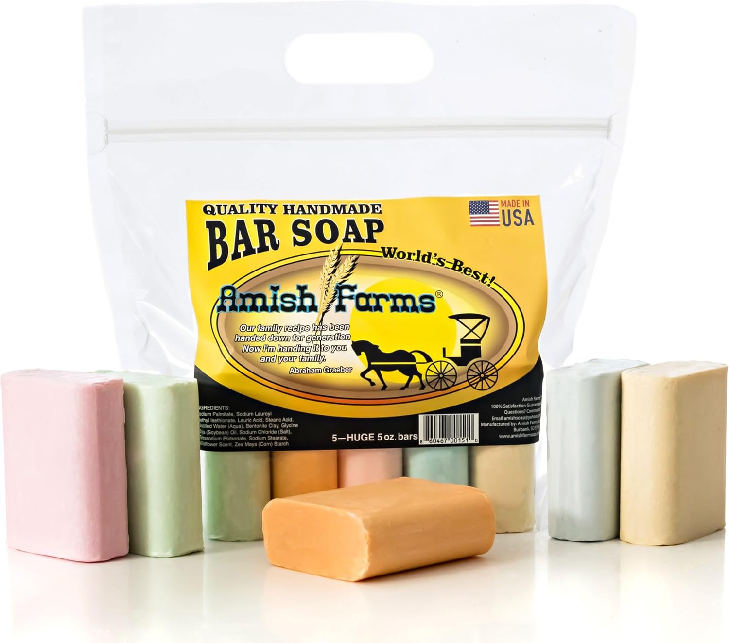 Amish Farms Soap Bar with All Natural Bentonite Clay | Made in USA, Vegan Moisturizing for Sensitive Skin | Women & Mens Face & Body Bath Soap for Shower | Clean Scent | 5 Ounce Each (5 Bars)