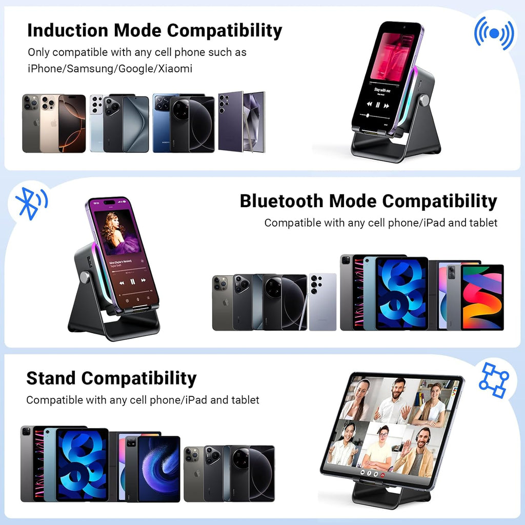 Induction Speaker with Phone Stand 5 in 1 Wireless Induction Bluetooth Audio for iPhone Android Phone Speakers Amplifier with Rechargeable Colorful Light, Birthday Gifts for Men Women Teens (Black)