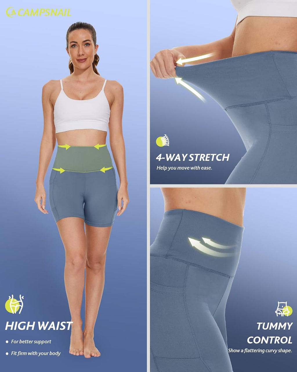 CAMPSNAIL Biker Shorts Women with Pockets - 3"/5"/8" High Waisted Workout Spandex Tummy Control Gym Running Yoga Shorts