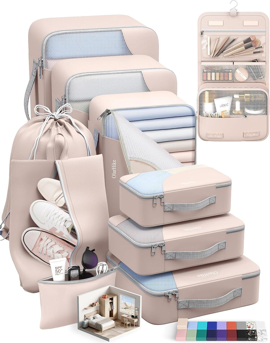 10 Set/8 Set Packing Cubes for Travel, Gifts for Women Mom,Anti-Tearing Suitcase Organizer for Luggage with Shoe & Hanging Toiletry Bag,OlarHike Vacation Essentials & Accessories for Cruise Ship,Cream