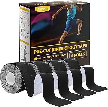 Dimora Kinesiology Tape, 80 Count Precut Strips 4 Rolls, Original Cotton, 10” Elastic Athletic Tape for Muscle Pain Relief and Joint Support, Black