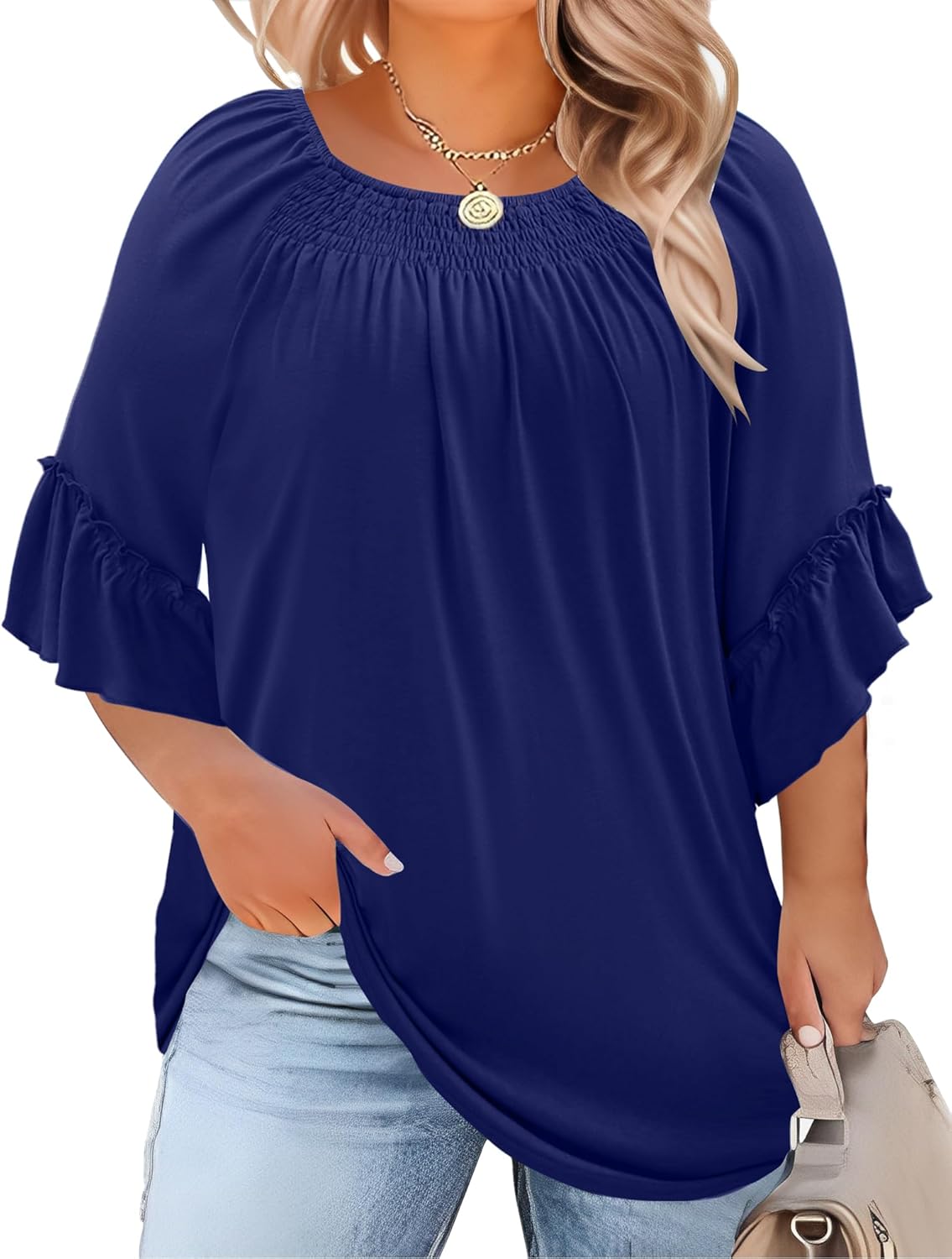 Micoson Womens Plus Size Tops 3/4 Ruffle Sleeve Shirts Crewneck Pleated Blouses Dressy Casual Fashion Tunic Top (1X-5X)