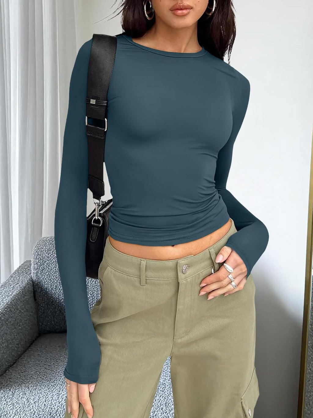 Trendy Queen Womens Long Sleeve T Shirts Fall Fashion 2025 Basic Crop Tops Going Out Outfits Y2k Clothes