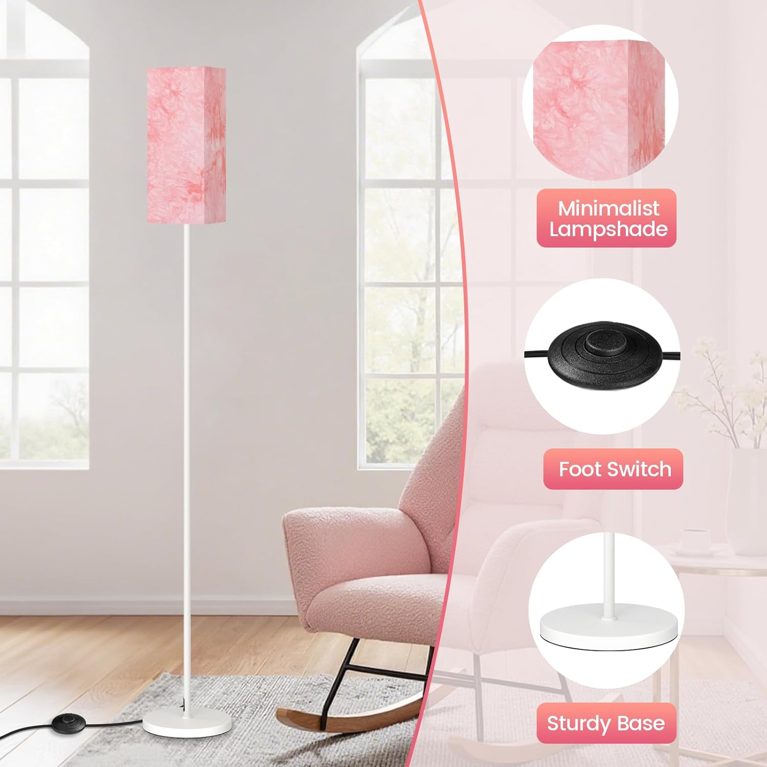 64.6" Floor Lamp, Pole with Foot Switch, Modern Standing Lamp Lampshade, Minimalist Freestanding Lamp (Bulb Not Included), for Living Room, Bedroom Office ETL Listed, Black and Beige E07LD05