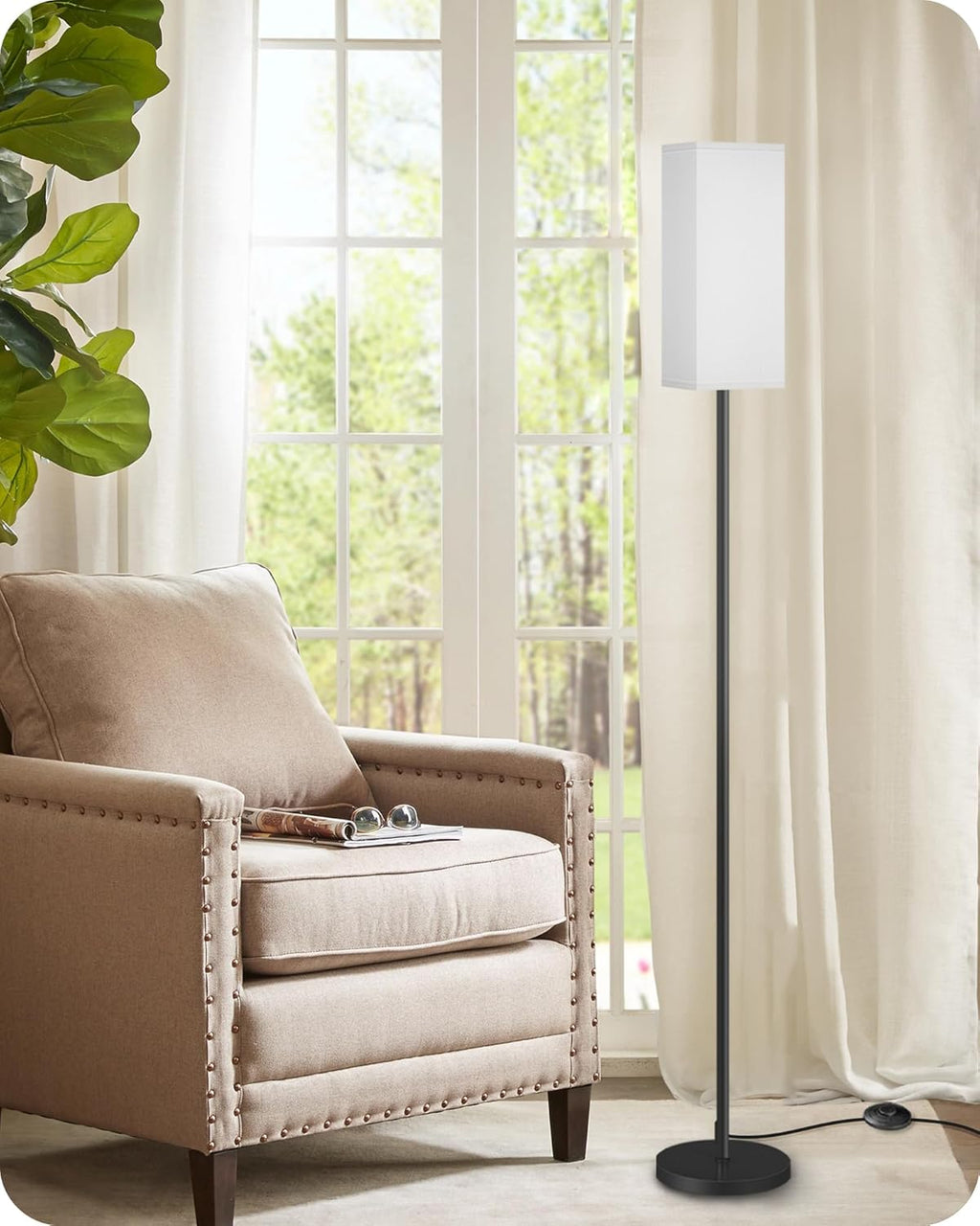 64.6" Floor Lamp, Pole with Foot Switch, Modern Standing Lamp Lampshade, Minimalist Freestanding Lamp (Bulb Not Included), for Living Room, Bedroom Office ETL Listed, Black and Beige E07LD05