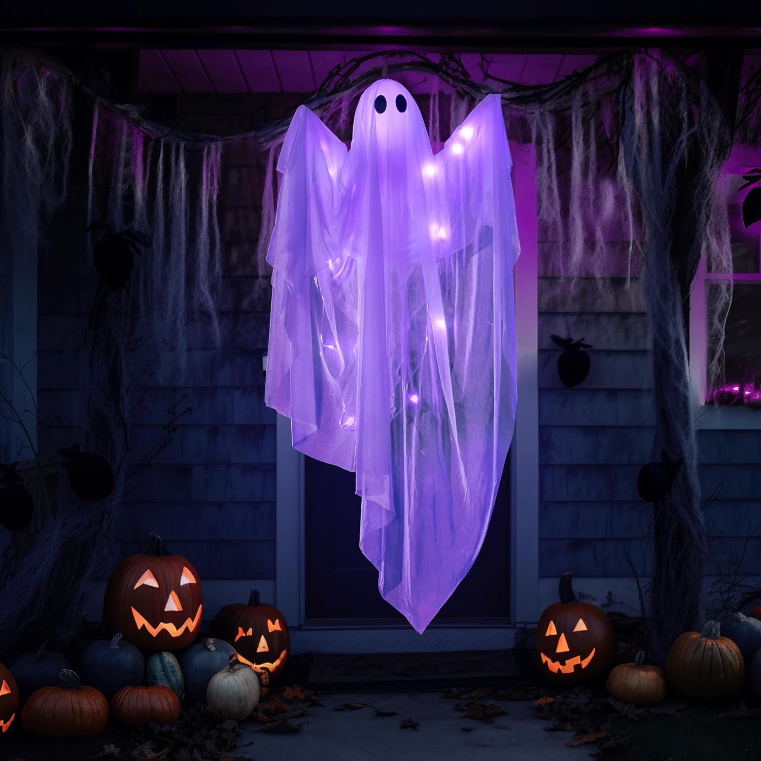 JOYIN Halloween Hanging Light up Ghost with Spooky Blue LED Light, 47” White Ghosts Halloween Hanging Decoration for Front Yard Patio Lawn Garden Party Decor Indoor Outdoor