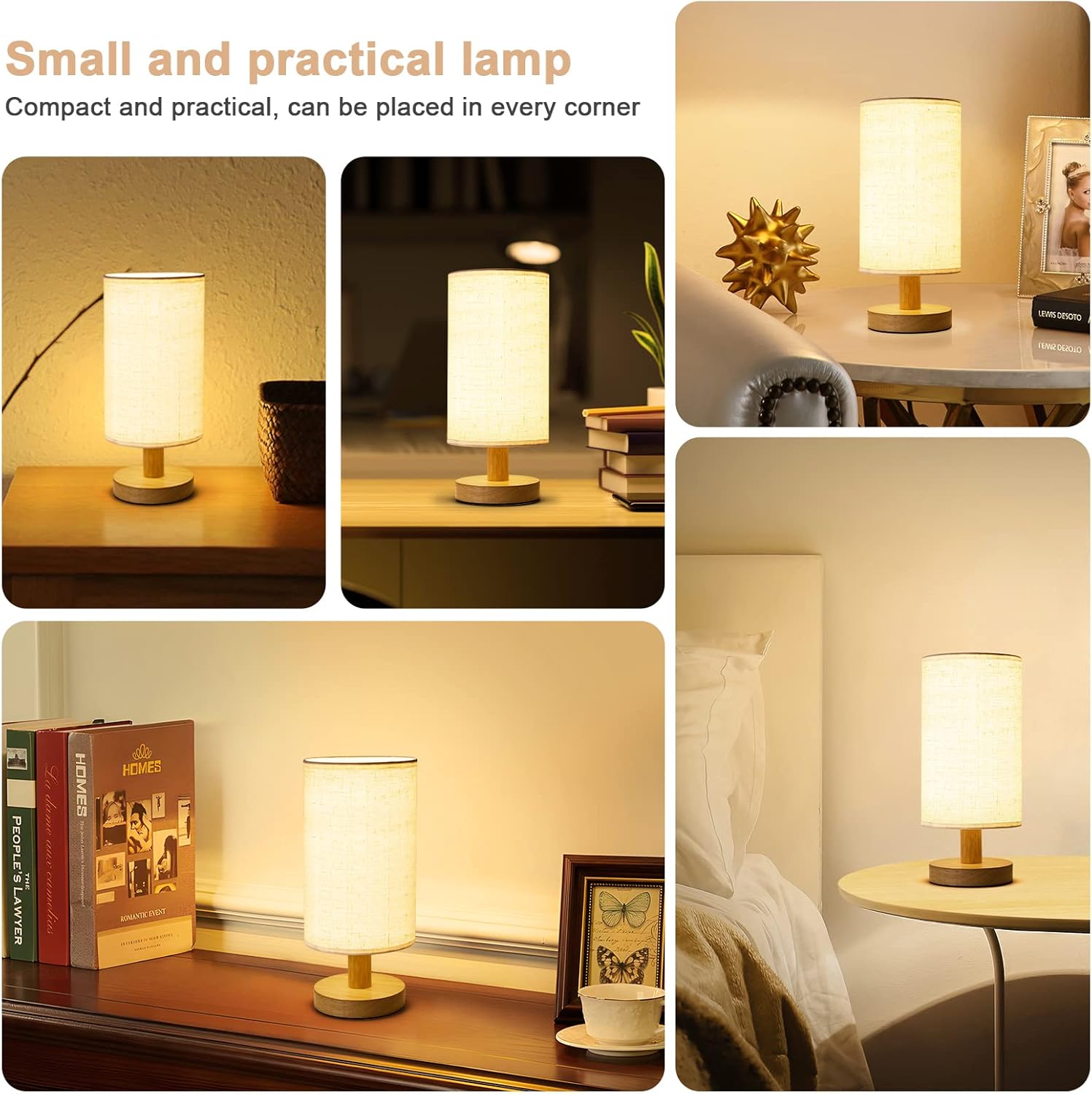 Small Bedside Table Lamp for Bedroom, Minimalist Wood Base & Round Fabric Shade, Mini Cute Cozy Warm White Nightstand Boho Lamp, Study Desk Night Stand Light for Room, Dorm, Nursery, Living Room