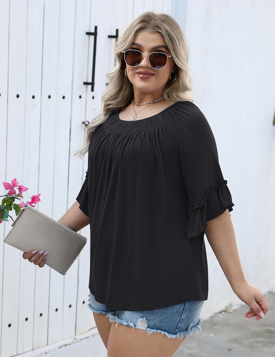 Micoson Womens Plus Size Tops 3/4 Ruffle Sleeve Shirts Crewneck Pleated Blouses Dressy Casual Fashion Tunic Top (1X-5X)