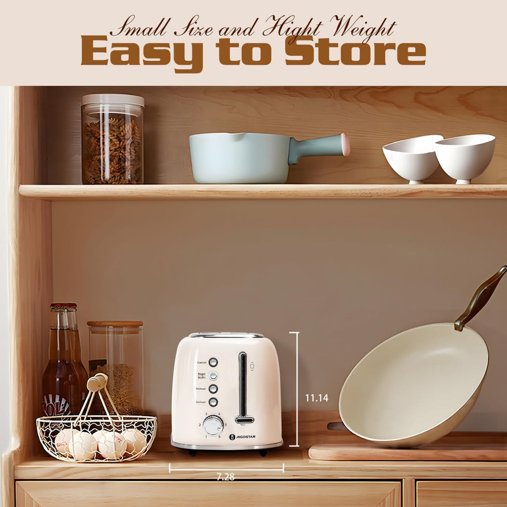 Aigostar Toaster 2 Slice, Retro Extra-Wide Slot Toasters Best Rated Prime for Toasting Bagels, Breads, Waffles & More, Cancel, Defrost & 6 Browning, Removable Crumb Tray, Stainless Steel, Cream White