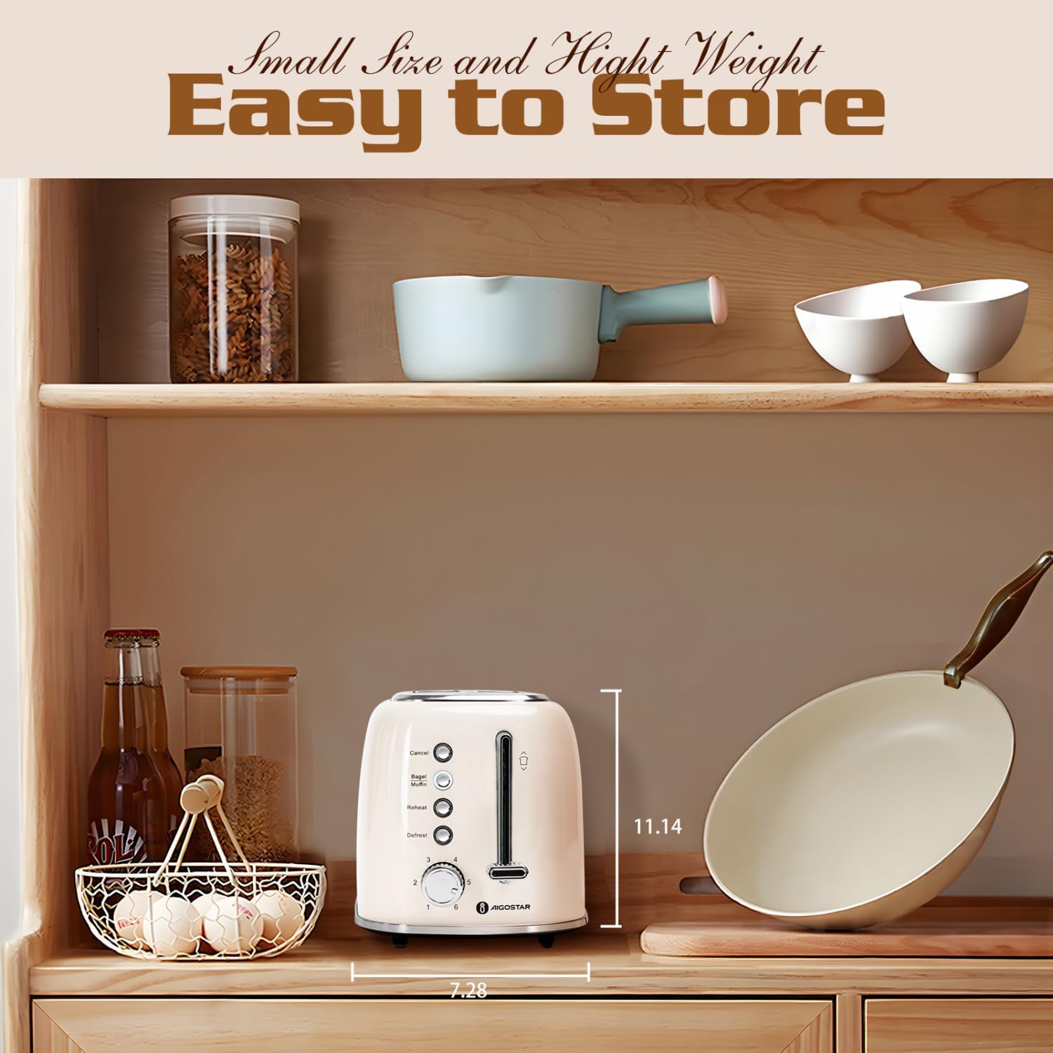 Aigostar Toaster 2 Slice, Retro Extra-Wide Slot Toasters Best Rated Prime for Toasting Bagels, Breads, Waffles & More, Cancel, Defrost & 6 Browning, Removable Crumb Tray, Stainless Steel, Cream White